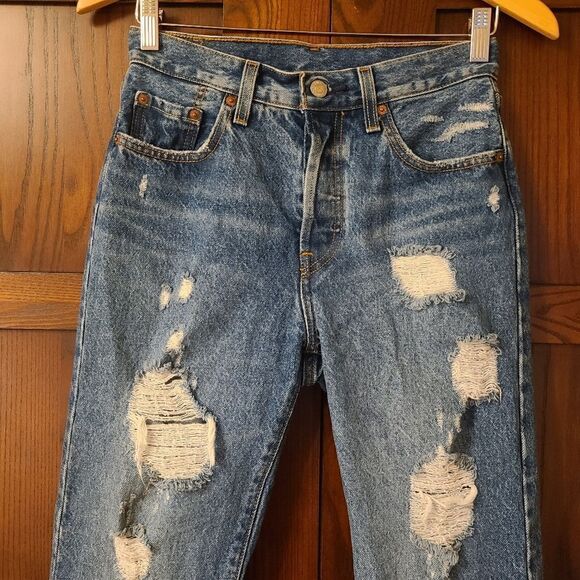 Levis 501 Button Fly Dark Indigo Distressed Size 25 x 26 - Picture 2 of 10